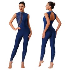 Women's Rhinestone Sleeveless Skating Jumpsuit Gymnastics Leotards Bodysuit
