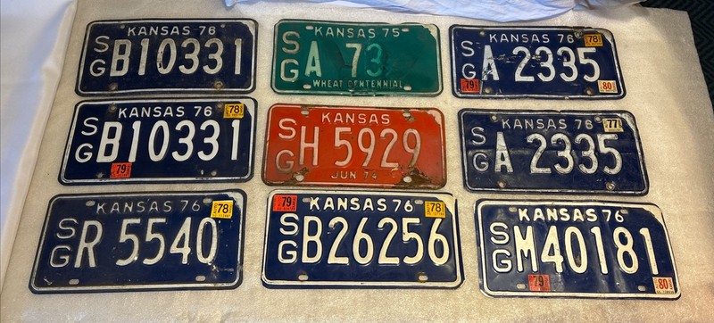 Lot of 9 Vintage Kansas License Plates 1974, 1975, 1976, Blue, Green, Orange