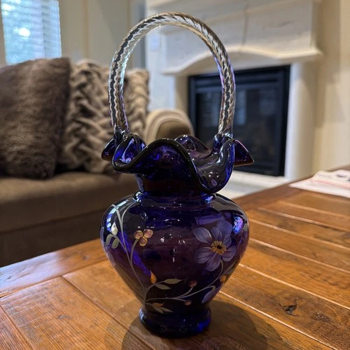 Fenton Art Glass Royal Purple Basket - Hand Painted & Signed - Limited Edition
