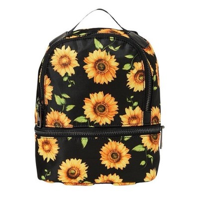 Black Sunflower Print Mini Backpack Purse Bag With Adjustable Strap & Top Handle