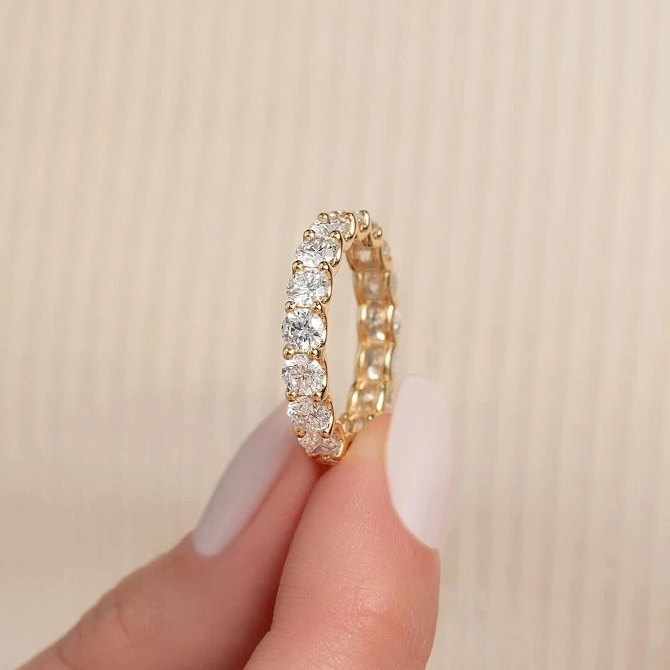 4Ct Round Cut Natural Diamond Eternity Wedding Band 14K Yellow Gold Size 7 8 - Image 2 of 4