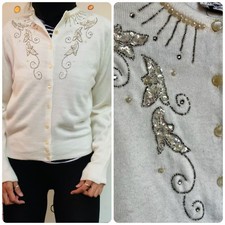 Vintage 1950s Creamy White Beaded Cardigan Sweater - Soft Fuzzy   Beaded - M