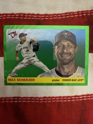 Max Scherzer 2025 Topps Chrome Platinum Green Vibrations Refractors #/99 #109