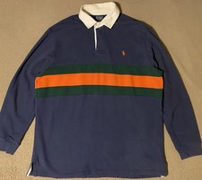 Polo Ralph Lauren Rugby Shirt Long Sleeves Stripes Blue Green Orange Large