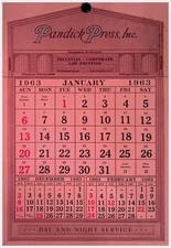 Pandick Press 1963 Pocket Calendar NYC Financial History Ephemera