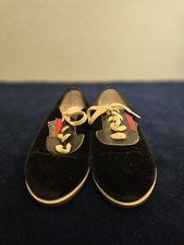 Vtg Kids Shoes Jumping Jacks Black Velvet Oxfords Size 3 Red Accents
