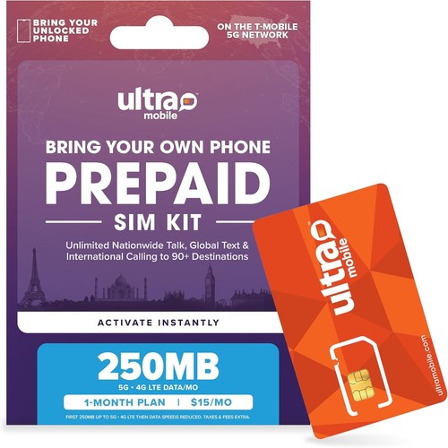 $15/mo. Ultra Mobile Prepaid Phone Plan with Unlimited Talk, Text and 250MB...