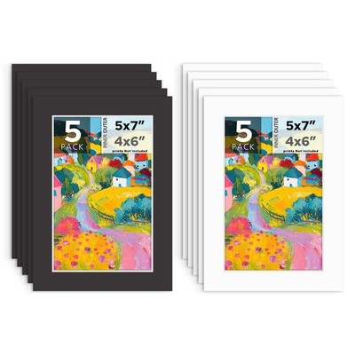 Pre-Cut Picture Mats Fits 4x6 Photos 5x7 Inch Bevel Cut White  Black 10 Pack