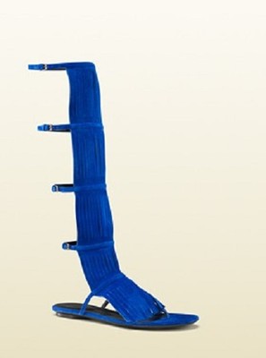New Gucci Becky Suede Knee High Gladiator Sandal w/Fringe Blue 351310 4325