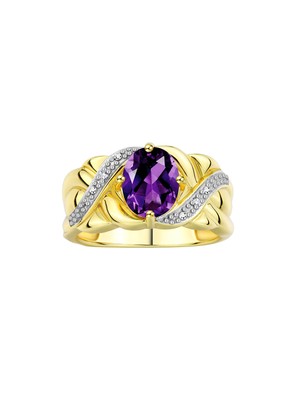 RYLOS Classic Ring 9x7mm Gemstone & Diamonds, Gold-Plated Silver, Sizes 5-13