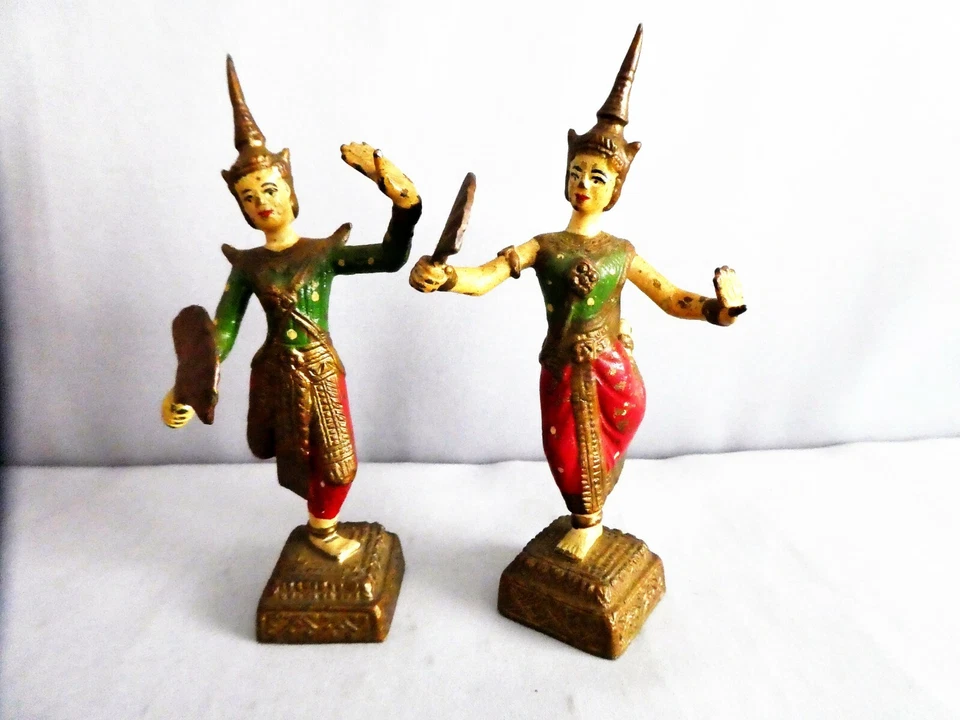 Vintage Solid Brass Thailand 2 x  Female Temple Dancers sculptures Free Shipping — 第 2/4 张图片