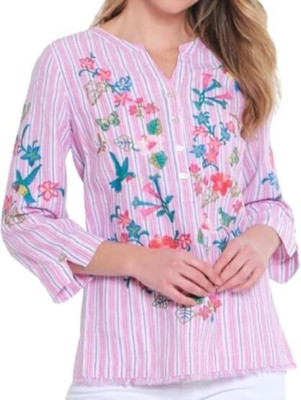 NWT John Mark Pink Stripe Front/Blue Floral Back BIRDS/BUTTERFLIES Tunic Top 3X