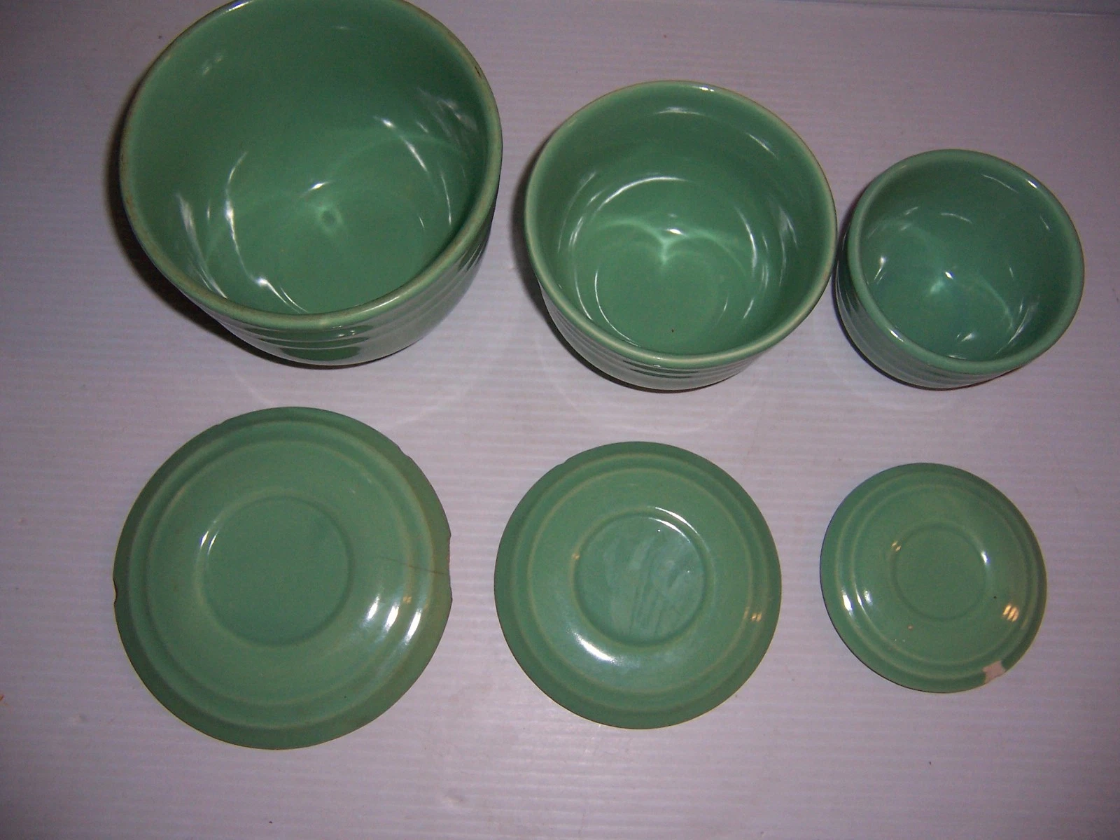 Vintage Set of 3 Green Stoneware Hiding Stackable Bowls with Lids