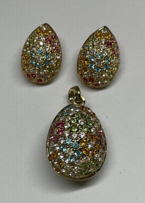 Lg Vintage Egg shaped Gold Tone Pave Multi-color Rhinestone Pendant & Earrings