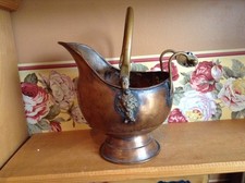 Small antique copper with blue glass handle coal skuttle 