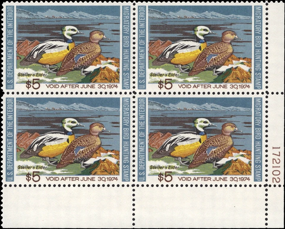 UNITED STATES-1973- Hunting Permit $5 Steller's Elders-Sc# RW40-Blk x 4-MNH OG - Image 3 of 3
