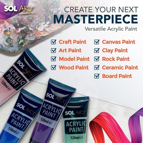 8 Tubes Acrylic Paint 120ml + 4 Artists Brushes Set Assorted Colours Arts Crafts - Picture 2 of 8