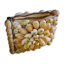 Handmade Seashell Zip Coin Wallet/Pouch, Beige/White/Green