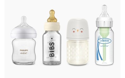 Glass baby bottles from Brown's, Philips Avent, Suavinex and