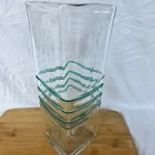 Vintage Blenko Glass Square Vase 9618S Clear with Teal Green Spiral Wrap 12"