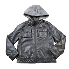 Urban Republic Boy's Faux Leather Jacket Lined Hooded Pockets Moto Size M 5/6