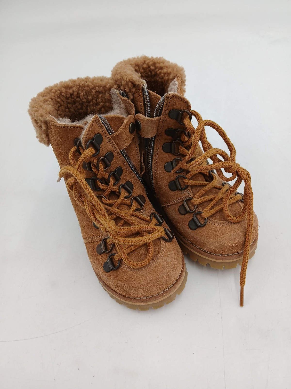 Combat Boots Kids Size 8.5 Brown Faux Suede Fur Lined Ankle Zip Winter Cozy-image