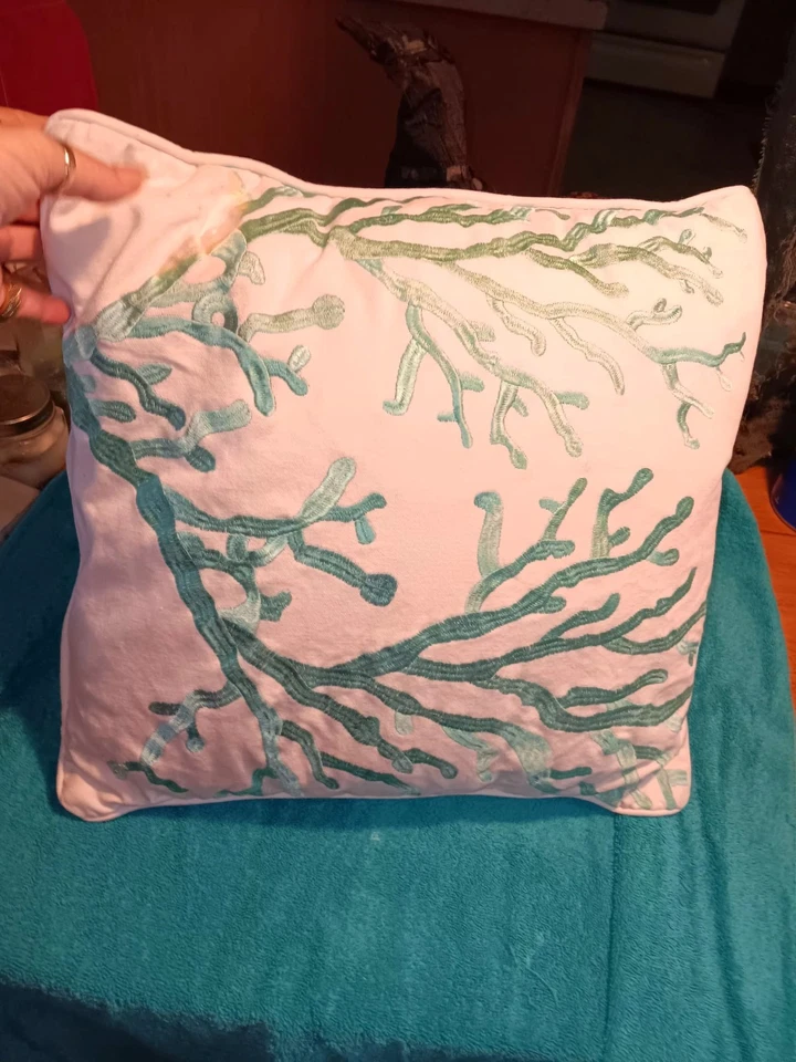 Almohada diseño Aqua Coral en la parte delantera a rayas en la parte posterior Foto 2 de 4