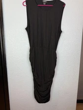 DKNY Dress Womens Large Black Sleeveless Ruched Midi Tank Bodycon Stretch
