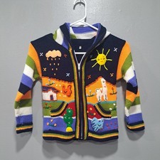 Peruvian Llama Folk Art Knit Hooded Sweater Zip Up Kids Size 6 Boho Kidcore