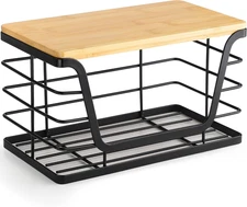 Small Wall Basket, Stainless Steel Adhesive Cabinet Door Organizer with Bamboo T