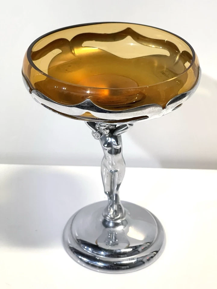 Art Deco Farber Bros. New York Chrome Candy Dish Amber Bowl Figural Girl - Image 3 of 4