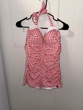 Retrostage Red  White Gingham Halter Neck Ruched One-Piece Swimsuit, Size Large