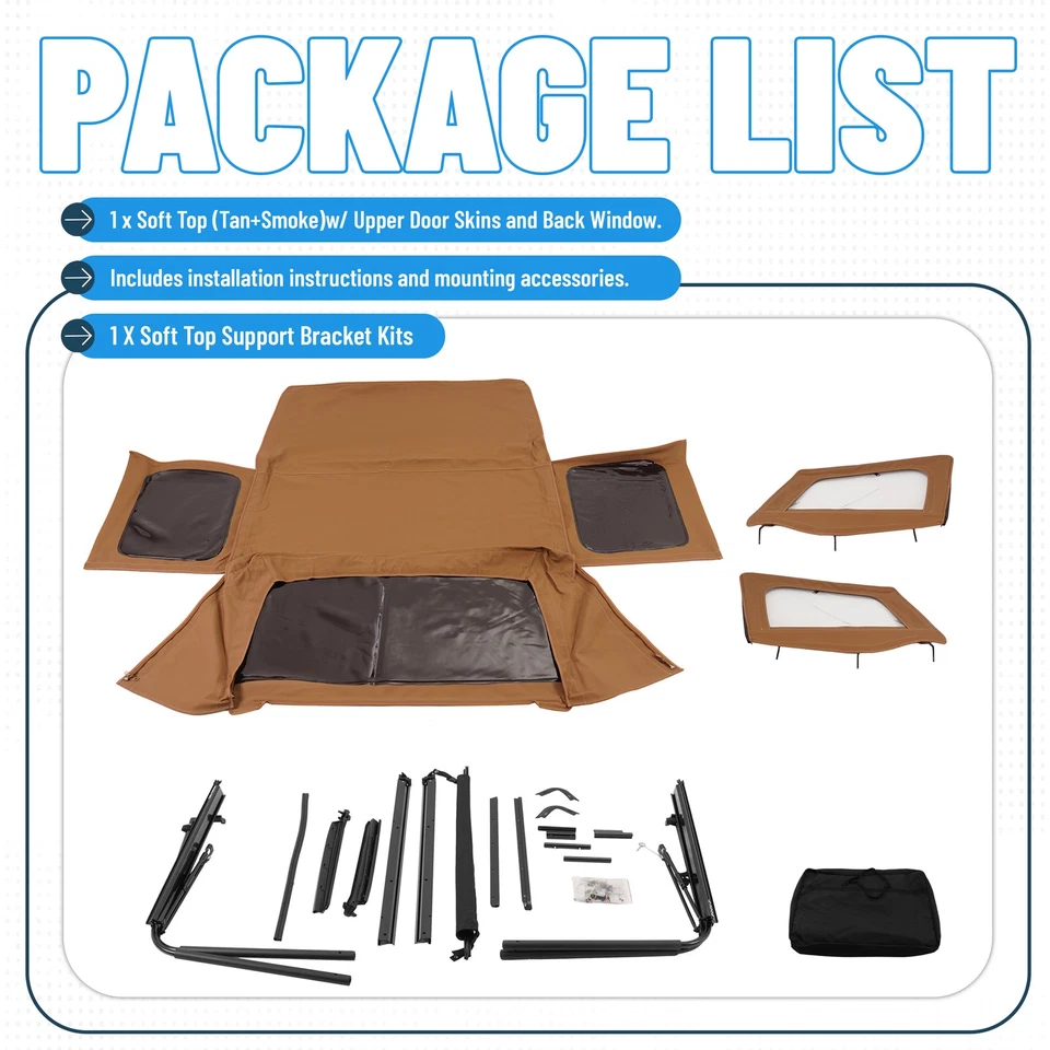 Soft Top Kit Upper Doors and Tinted Windows Tan For 1987-1995 Jeep Wrangler YJ - Image 4 of 4