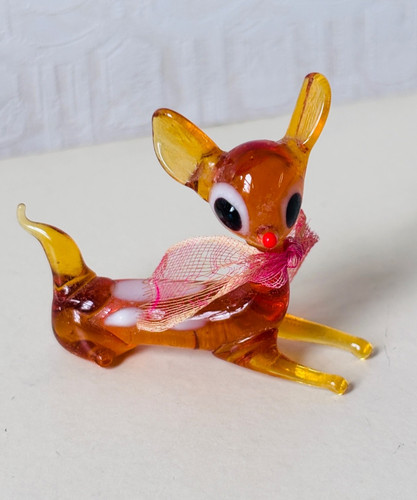 VTG MID CENTURY MINI HAND BLOWN GLASS BIG EYE BAMBI FAWN DEER FIGURINE