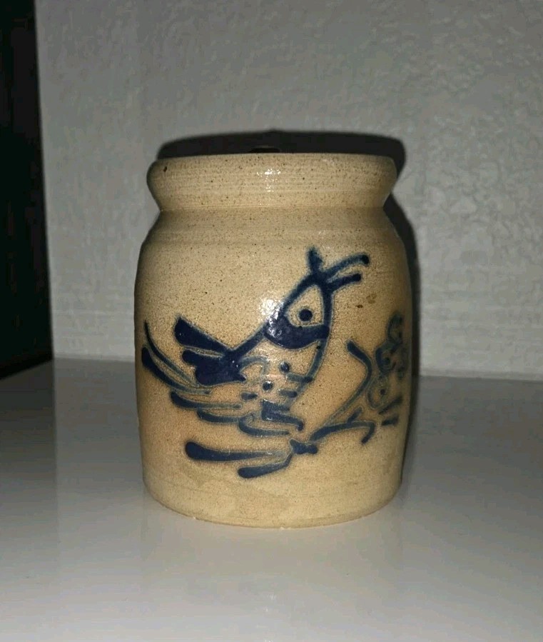 B Stebner Hartville OH Salt Glazed Cobalt Blue Stoneware Crock Jar W/lid Signed
