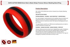 8mm Red With Black Stripe Fireman Silicon Fitness Wedding Band Ring