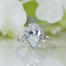 3Ct Lab Created Halo Pear Cut Diamond 14k White Gold Finish Halo Engagement Ring