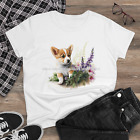 Corgi Welsh Pembroke Puppy Dog Breed Watercolor Floral Art #1 Ladies T Shirt