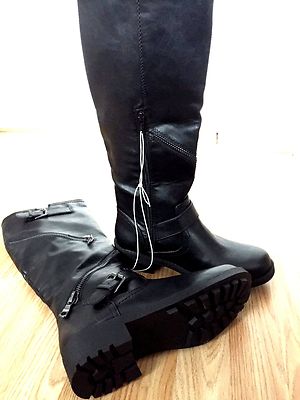 Damen schwarz kniehoher Reißverschluss Schnalle Blockabsatz Winter langer Stiefel Biker Reiten Größe
