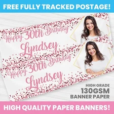 PERSONALISED PHOTO BIRTHDAY BANNER ANY NAME PARTY DECORATION PINK GLITTER