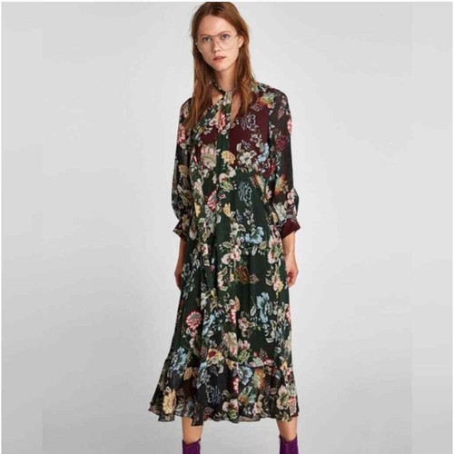 Zara Floral Midi Tie Neck Midi Dress 