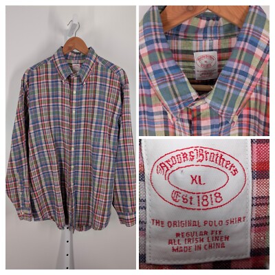 Brooks Brothers Irish Linen Plaid Multicolor Shirt XL Beach Country Club