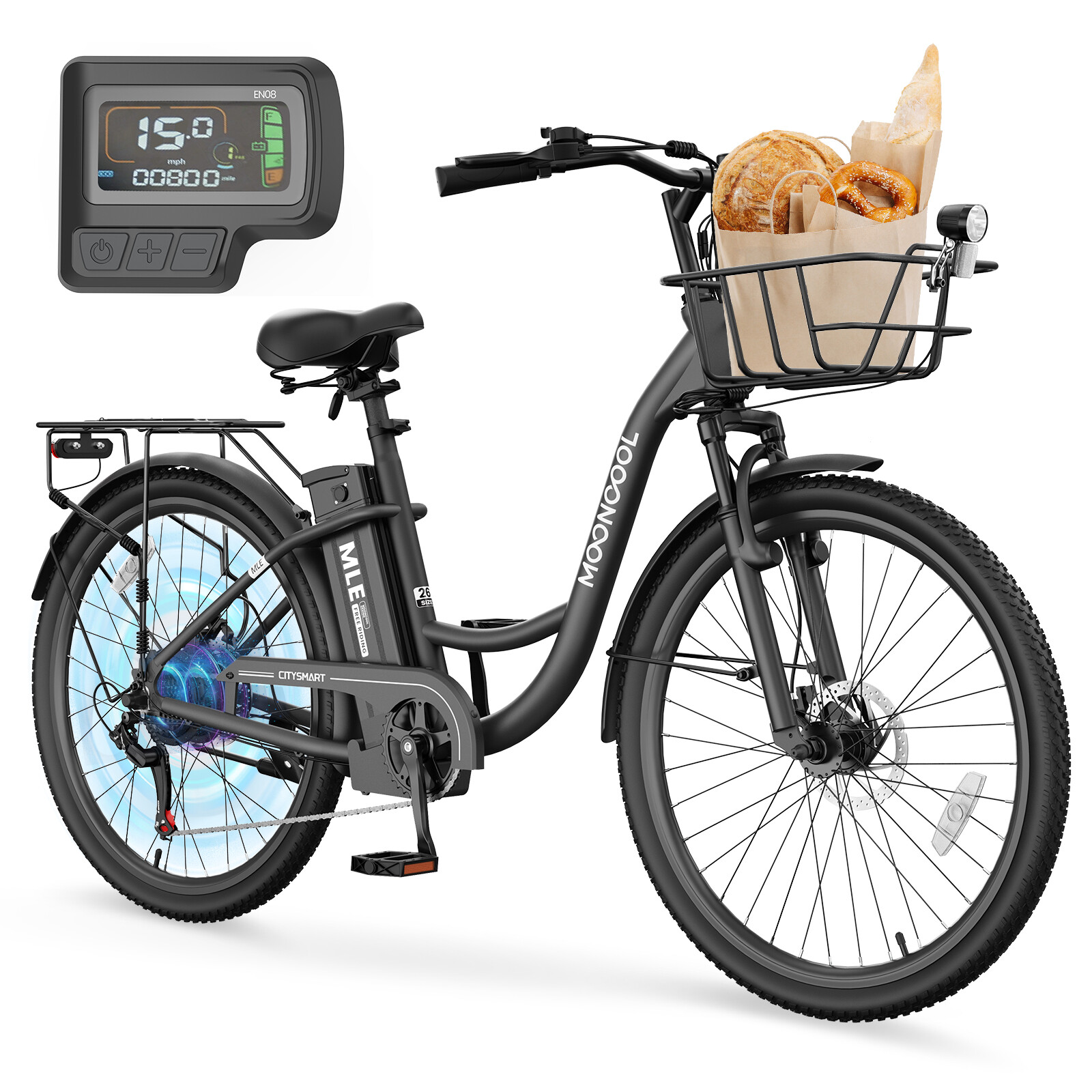 MOONCOOL 24" 26" Electric Bike for Adults 700W Peak 7-Speed City Cruiser Ebike