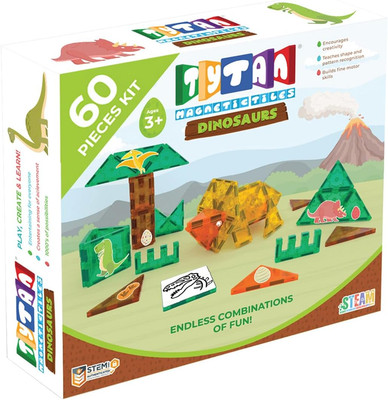 TILES Dinosaurs 60-Piece Magnetic Tiles Building Set, Dino Safari Land Kids  STE