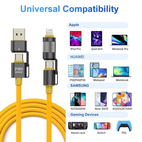 USB Cable 4in1 Multifunctional Data Transfer Fast Charging Silicone cable 150cm - Picture 8 of 8