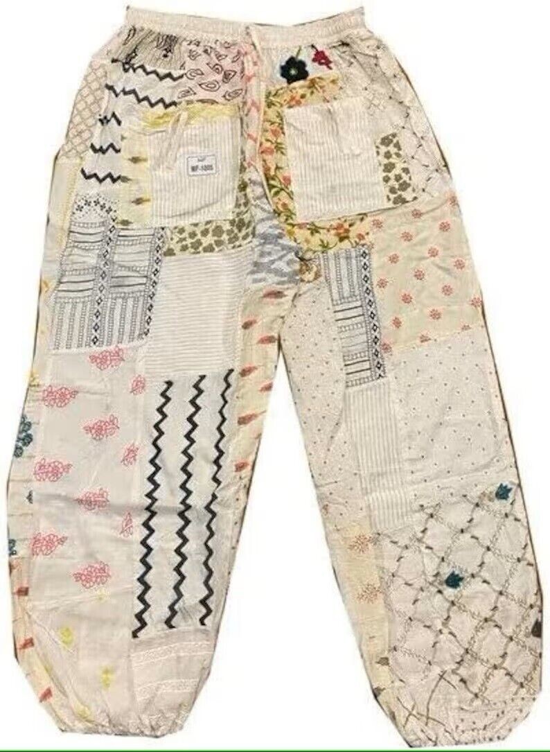 Pantalones harén retazos blancos, pantalones harén boho hippie, pantalones yoga pierna ancha