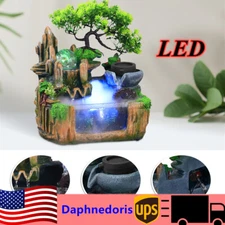 Tabletop Rockery Water Fountain Indoor Waterfall LED Light Home Feng Shui Decor