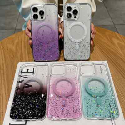 MagSafe Glitzer Hülle für iPhone 15 14 13 12 11 Pro Max Plus Klar Case Cover