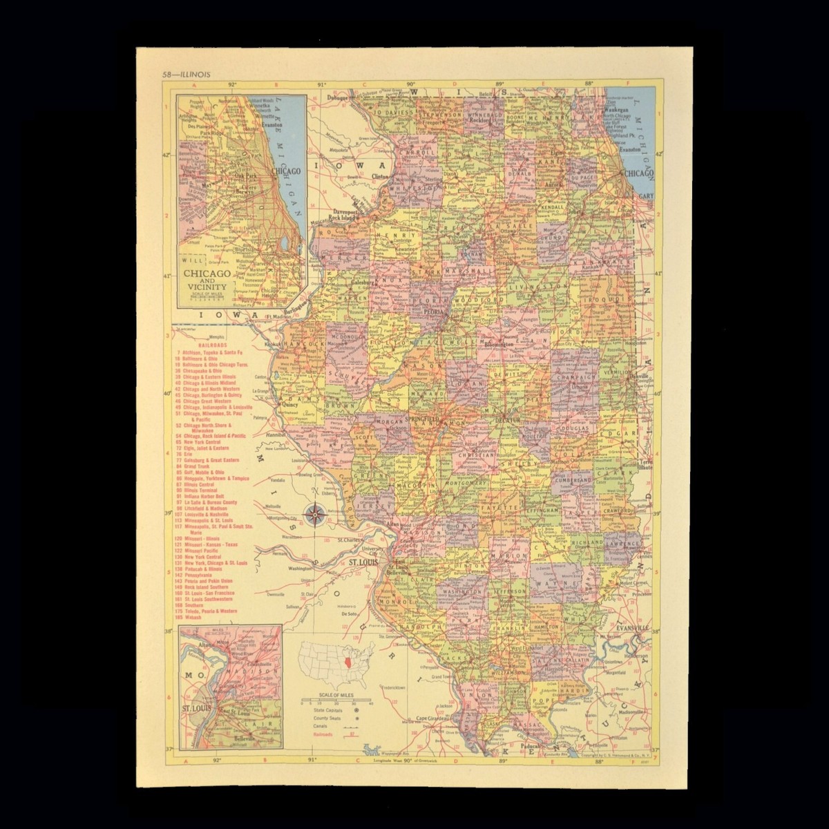 1950s ILLINOIS Railroad Map Illinois Central RR GMO RR Original