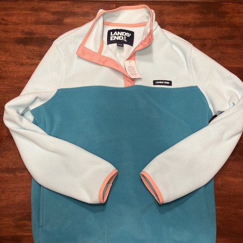 Lands' End Heritage Fleece Top M 1/4 Snap Button Color Block Pullover New w/ Tag